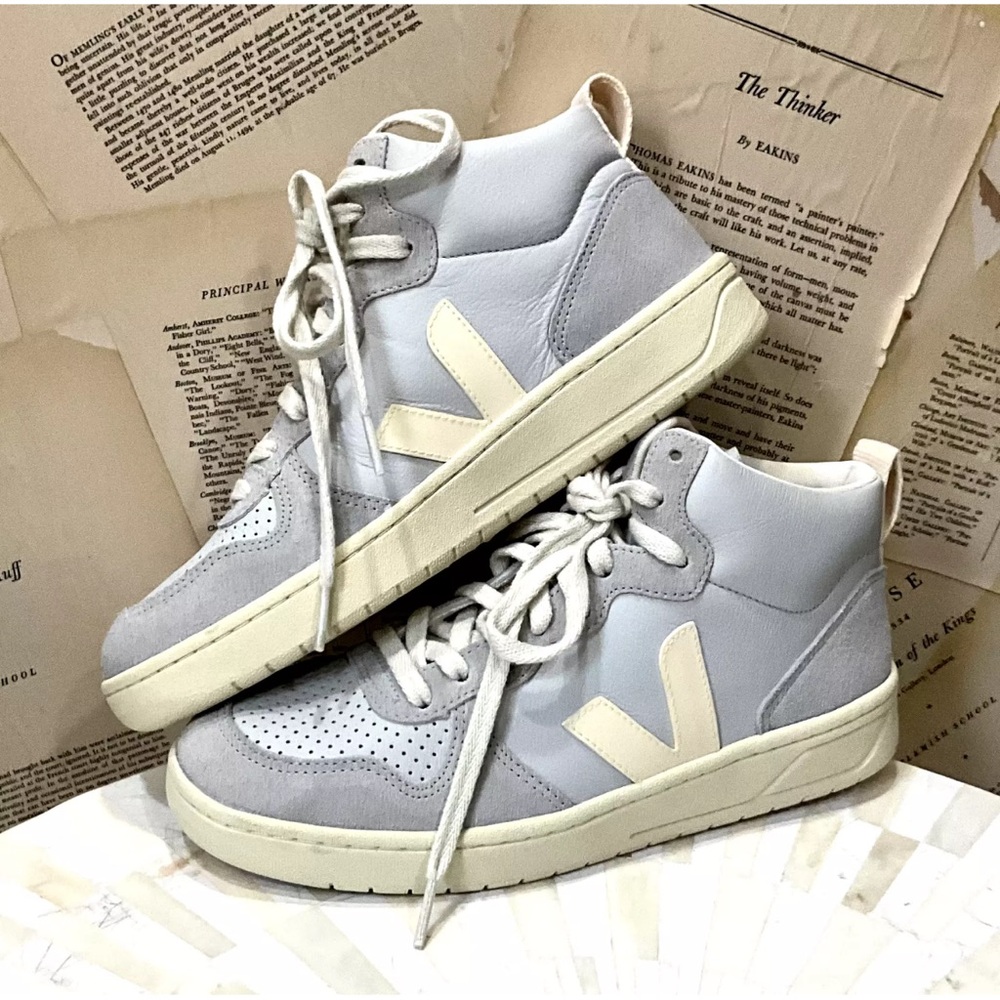 Anthropologie Veja V-15 Mid Top Sneakers Light Blue Grey Ivory Leather - Picture 4 of 9
